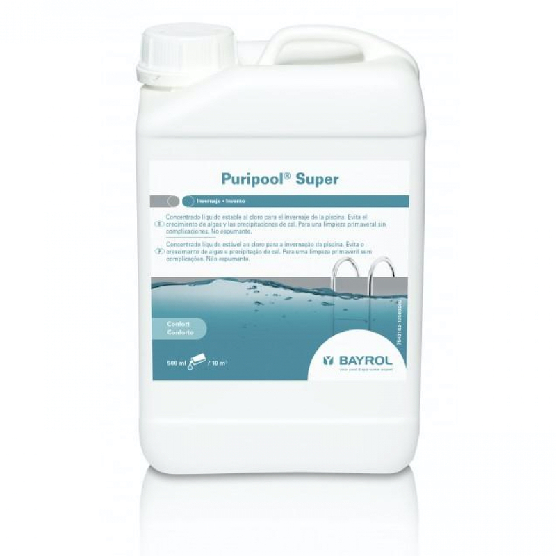 Puripool Super Bayrol para invernaje - 5 Litros. Es un líquido concentrado estable al cloro y no espumante para el invernaje de las piscinas descubiertas. Piscinas Technipool. Camas - Sevillla